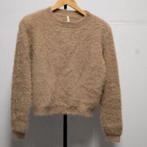 Sage Fuzzy Knit Crewneck Sweater Camel